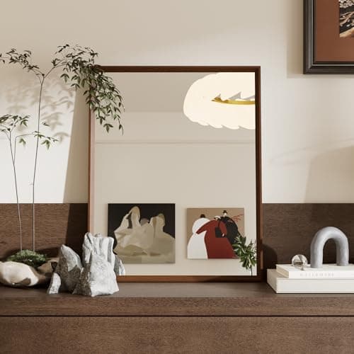 Image of WEER Brown Bathroom Mirror, 40x50cm Polymer Frame Rectangular Wall Mirror with Wood Effect, Moisture-Resistant Vintage Home Decor for Bathroom, Bedroom, Living Room, Horizontal or Vertical