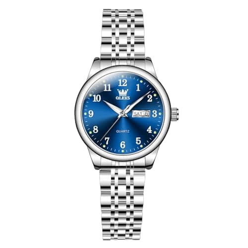 Image of OLEVS Women's Watch Classic Blue Dial Stainless Steel Date Display Wrist Watches for Women Small Face Simplicity Silver Dress Cuff Watches Women Waterproof Luminous Analog Quartz Ladies Watches