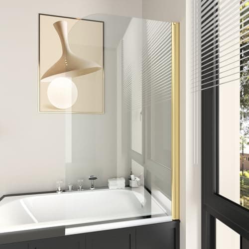 Image of GY Bath Pivot Shower Screen Tempered Glass Reversible Bath Panel Gold- 800 x 1400mm, Rounded Corner Glass for Bathtub