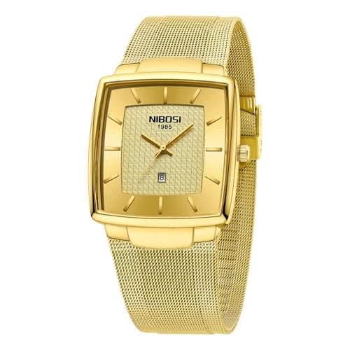 Image of NIBOSI Men Watches Luxury Military Waterproof Sport Quartz Analog Square Wrist Watch for Men with Stainless Steel Mesh Band Date Calendar(Gold)