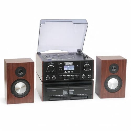 Image of Steepletone HOUSTON XP Black 6 in 1 Music Centre, Bluetooth Vinyl Record Player, Turntable with CD, Cassette, DAB+ / FM Radio, USB MP3 playback & Encoding, NEW 25Watt High Power Wireless Speakers
