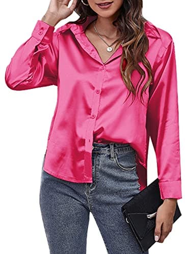 Image of Panegy Satin Shirts for Ladies V Neck Blouses Shiny Silk Like Tops Casual Elegant Long Sleeve Lapel Shirts for Women Office Work Business Wear Pink L