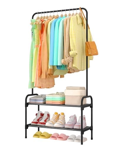Image of Sakugi Clothes Rail - Large Capacity Freestanding Clothes Rack with 2-Tier Shoe Organizer & Non-Slip Feet, Heavy-Duty Clothing Rail for Bedroom, Entrance, Laundry, 74 x 30 x 150cm, Black
