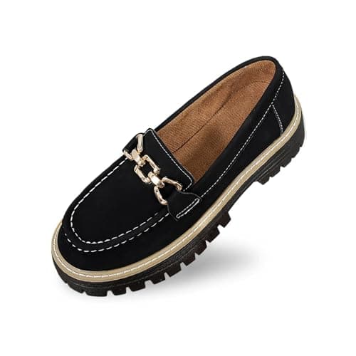Image of Leather Platform Loafers Shoes for Women Size 4-7 with Chunky Heel and Anti Slip Sole Slip On Low Heel Boat Shoes Retro Casual Comfy Work Penny Moccasins for Office and Spring Summer DailyBlack6.5