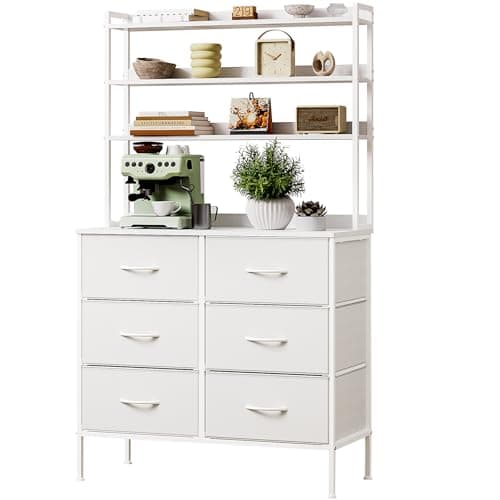 Image of Mintnook Bedroom Chest of Drawers, 3-Tier Wooden Storage Shelf, 80cm Dressing Table with 6 Cloth Drawers, 3-in-1 Multi-Purpose Fabric Dresser, Display Shelf, Organizer Unit, White