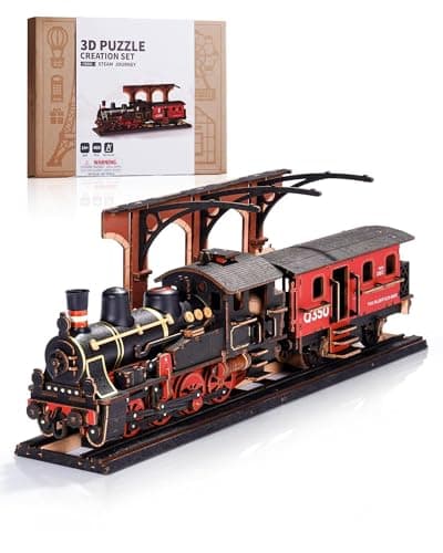 Image of ROWOOD Steam Train 3D Puzzle, Wooden Train Model Kits for Adults to Build, Vintage Construction Craft Model Building Set, DIY Christmas and Birthday Gifts for Men Boys