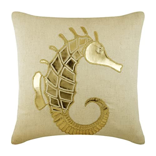 Image of The HomeCentric Beige Cushion Cover For Couch, Sea Creatures Ocean & Beach Theme Metallic Faux Leather Applique 50x50 cm (20x20 inch) Cushion Cover, Floral Cushion Cover, Cotton Linen - Gold Sea Horse