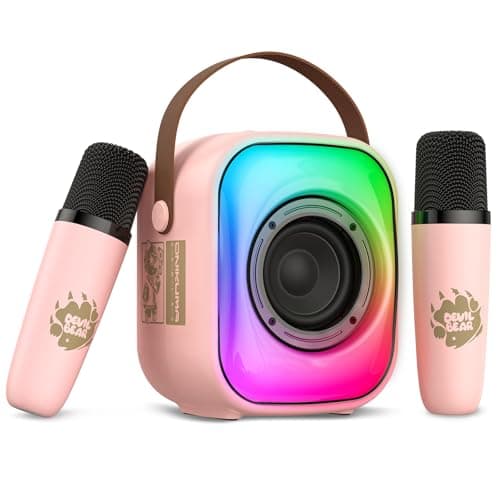 Image of PHNIXGAM Mini Karaoke Machine with 2 Wireless Microphones, Portable Bluetooth Speaker, Karaoke Microphone with LED, Speaker Support for TF Card/USB, AUX in (Pink)