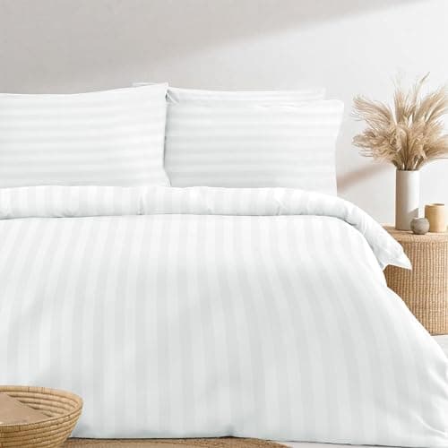 Image of Simply Amelia Double Duvet Cover Sets Premium Hotel Quality 100% Brushed Cotton White Satin Stripe Quilt Cover Set with Pillowcases Quilt Bedding Soft Easy Care (200cm x 200cm)