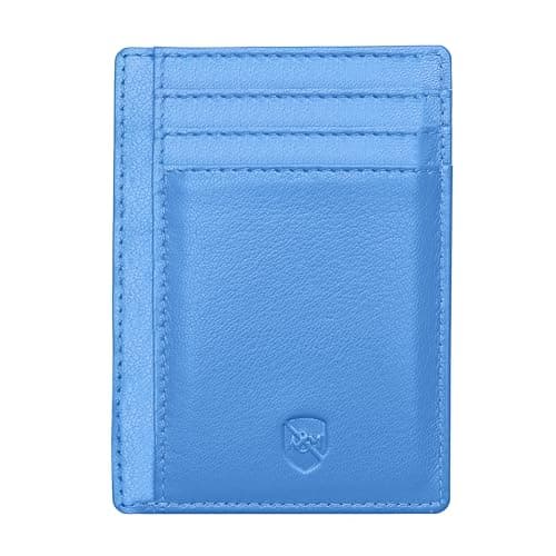 Image of ALLEN & MATE 100% Leather Slim Minimalist Wallet – RFID Blocking Card Holder for Men & Women – Holds 7 Cards & Cash – Stylish, Compact Design – Genuine Leather with Gift Box (Blue with Zip)