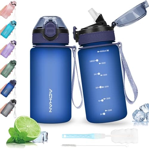 Image of AOHAN 600ML Water Bottle with Leak Proof Flip Top Lid, BPA Free Sport Drinking Bottle with Straw, Dishwasher Safe Water Bottle Non-Toxic Water Jug with Carrying Strap