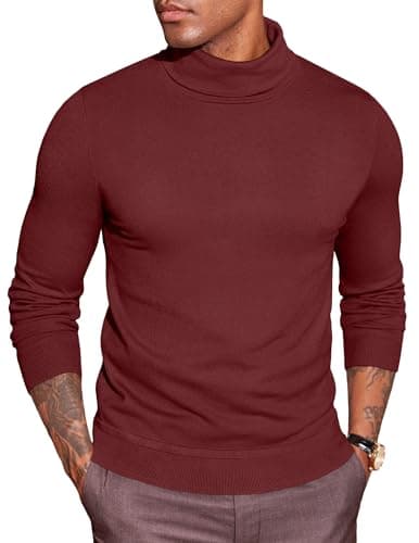 Image of COOFANDY Jumpers Mens Turtleneck Sweater Roll Neck Tops Knitted Pullover Polo Neck Jumper Solid Color Lightweight Thermal Knitwear Wine Red L