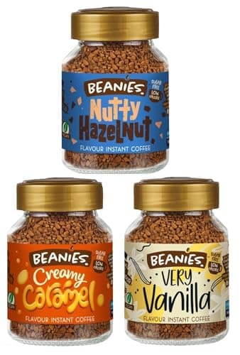 Image of Beanies Flavoured Instant Coffee Variety Pack - 3 x 50g jars - Creamy Caramel, Nutty Hazelnut and Very Vanilla