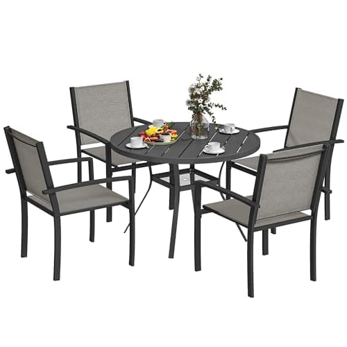 Image of Outsunny 5 Piece Garden Furniture Set, Garden Dining Set with Round Table and 4 Stackable Chairs, Steel Frame, for Outdoor, Patio, Terraces, Dark Grey