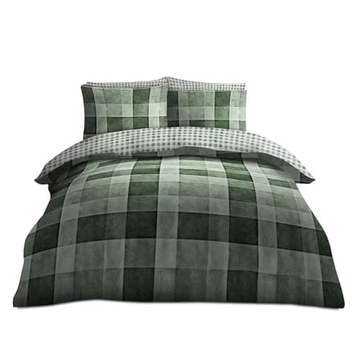 Image of VELVETIO Denim Check Beddings Duvet Cover and Pillowcases, Soft Reversible Tartan Checked Quilt, Breathable Printed Blocks Checkered Lightweight Bed linen Comforter Set, Double Size, Green