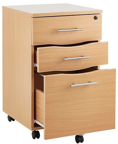 Image of Filing Cabinet 3 Drawer Under Desk Drawers - Beech Wood File Cabinets with Lockable Drawers - 3 Drawer Filing Cabinet - Mobile Office Drawer Under Desk - Secure Storage Solution