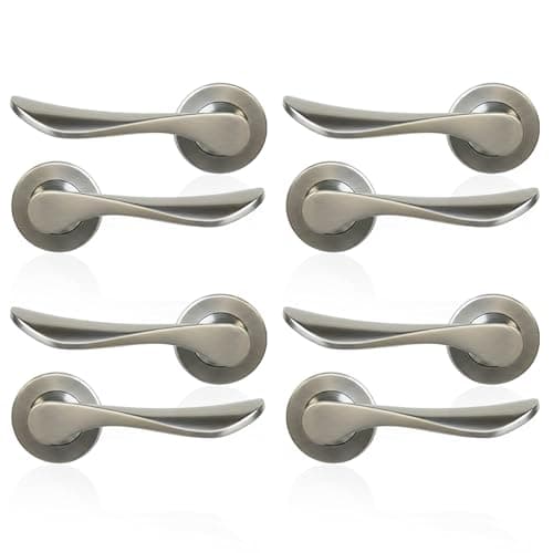 Image of MSC 4 Set Rose Round Brushed Chrome Door Handles – Pair of Brushed Steel Internal Door Handles on Round Rose, Modern Satin Finish, 125mm Lever, 54mm, Includes Fittings