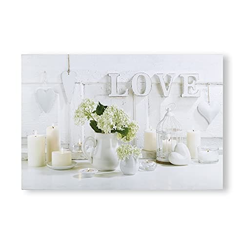 Image of Art For The Home Hearts & Love LED Printed Canvas - White/Neutral Wall art - Shabby chic, country style hearts & love design - LED canvas - Feature design - Cover for small cracks