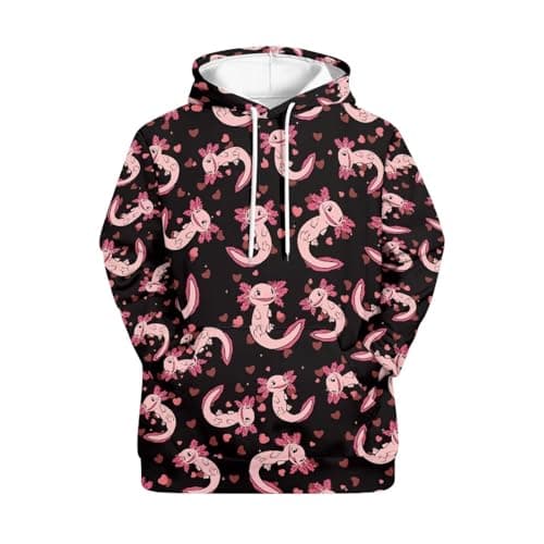 Image of Howilath Axolotls Women Novelty Hoodie Hearts Pullover Salamander Love Heart Black Unisex Casual Sweatshirt for Valentine's Day-5XL