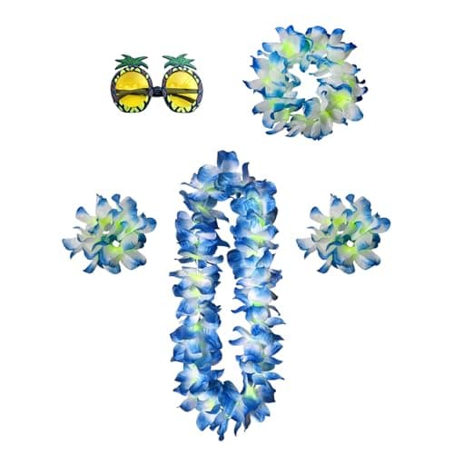 Image of FveVqe 4pcs Hawaiian Fancy Dress and 1pcs Pineapple Sunglasses, Hawaiian Garland Necklace Headbands and Wristbands, Hawaiian Lei for Beach Party Decorations and Dance Performances