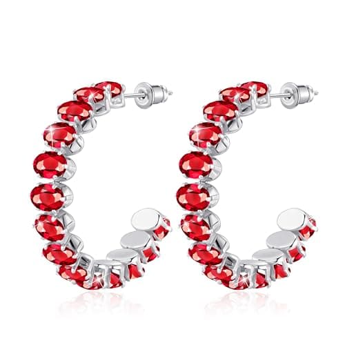 Image of Linawe Ruby Red Silver Half Hoop Earrings for Women, Hypoallergenic Chunky Hoops Huggie Earrings, Birthstone Rhinestone Cubic Zirconia Crystal Imitation Diamond Sparkly Hoops