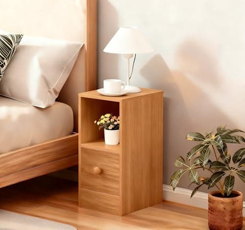 Image of Menaka Slim Bedside Table Wood Drawers Cabinet Nightstand, Small Side Table Narrow Sofa Bed Side Table with Drawer and Shelves for Bedroom Living Room (Oak#5)