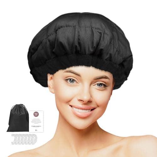 Image of Deep Conditioning Heat Cap,MQUPIN Microwavable Heat Cap 100% Natural Flaxseed Thermal Cap for Steaming Hair Styling and Steam Cap Steaming Haircare Therapy with 10 Pcs Disposable Shower Caps (Black)