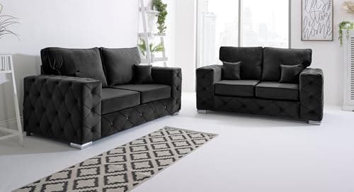 Image of Sofahub Milton Black Plush Velvet Sofa - Button Tufted Design, Foam Cushion Seats & Chrome Feet | 2 Seater Sofa - Living Room Sofa Set - Solid Wood Frame - Fullback Sofa (Black, 2 Seater)