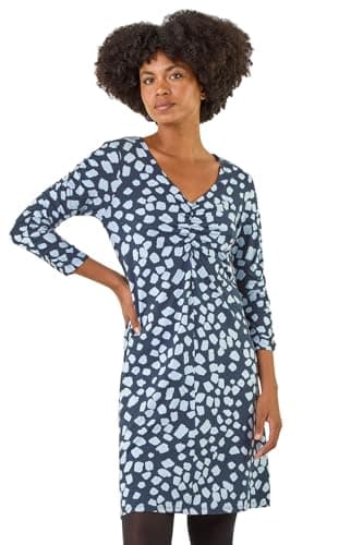 Image of Roman Originals Tea Dress for Women UK Ladies Skater Swing Fit & Flare Flattering Summer Knee Length Frill Hem Ruched Chest Casual Smart Cocktail Party Going Out - Navy Geometric - Size 12