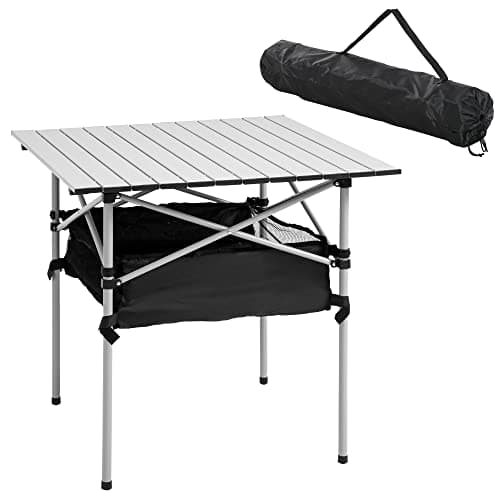 Image of Outsunny 70cm Aluminum Roll-Top Table w/Mesh Bag Camping Outdoor Dining Foldable w/Steel Frame Picnic Lightweight Hiking Furniture Desk, Silver
