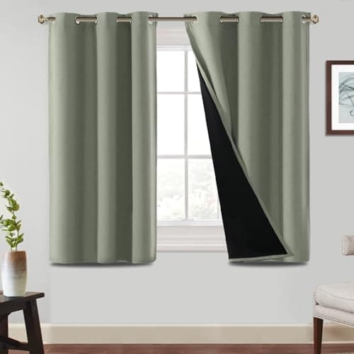 Image of BellaHills 100% Blackout Curtains for Bedroom Thermal Insulated Blackout Curtain Heat and Full Light Blocking Eyelet Curtains for Living Room with Black Liner 2 Panels, 46 x 54 Inch, Light Sage