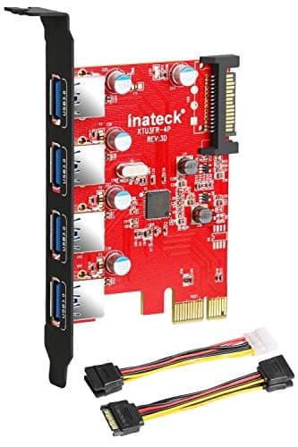 Image of Inateck Superspeed 4 Ports PCI-E to USB 3.0 Expansion Card - Interface USB 3.0 4-Port Express Card Desktop with 15 pin SATA Power Connector, [ Include with A 4pin to 2x15pin Cable + A 15pin to 2x 15pin SATA Y-Cable ]