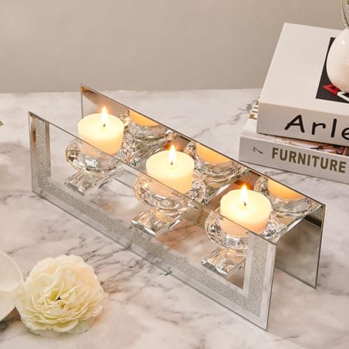 Image of London Boutique Mirrored Candle Holder for 3 Candles – Sparkling Silver Frame with K9 Crystal Holders, Luxury Glass Tea Light & Votive Display Stand, Home Décor & Gift Idea (Round Cups)