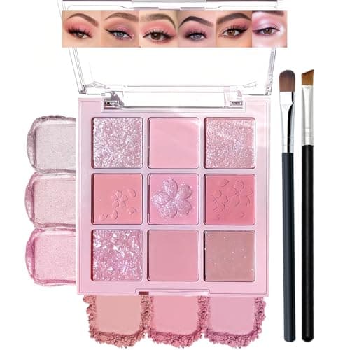 Image of 9-Colour Eyeshadow Palette with Brush for Wet or Dry Application - Highly Pigmented Long Lasting Waterproof and Smudge Resistant Powder for Layered Looks and Travel Friendly Beauty Routines (Pink)