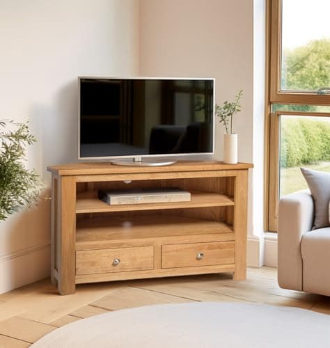 Image of Hallowood Furniture Waverly Oak Corner TV Unit with 2 Drawers and Shelf, Solid Wooden TV Stand Cabinet for Media Storage and Consoles, Compact Light Oak Living Room Furniture