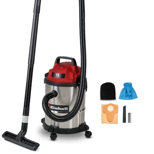 Image of Einhell Wet and Dry Vacuum Cleaner 900W, 180 Mbar Suction Capacity, 15L Stainless Steel Rollers, Accessory Bracket including Various Filters and Nozzles TC-VC 1540 S