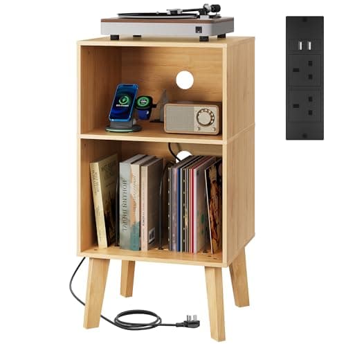 Image of WLIVE Side Table with Charging Station, 3-Tier Record Player Stand, Wooden Turntable Stand Cabinet for Music Room, Bedside Table for Living Room, Bedroom and Small Spaces, Light Oak