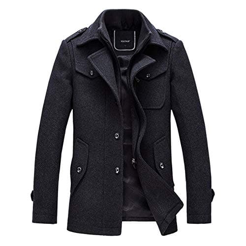 Image of YOUTHUP Mens Wool Coats Casual Thick Short Winter Trench Coat Regular Fit Peacoat with Detachable Inner Collar, Grey-thin, M