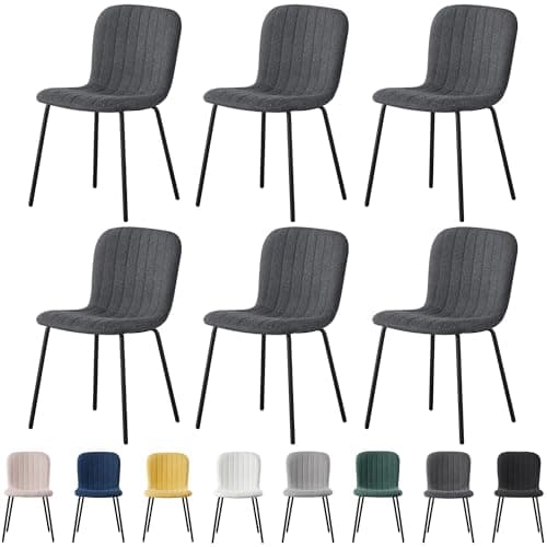 Image of mcc direct Set of 6 Soft Fabric Dining Chairs with Upholstered Seat and Metal Legs for Dining Room, Living Room and Kitchen Room - New Bella (Dark Grey)