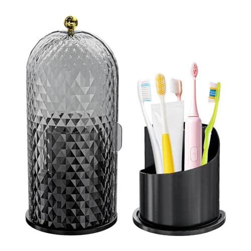 Image of Multifunctional Rotating Toothbrush Holders with Sliding Lid, The 3-Slot Bathroom Countertop Vanity Organizer Perfect for Tooth Brush, Toothpaste, and Makeup Brushes Holder Storage (Black)