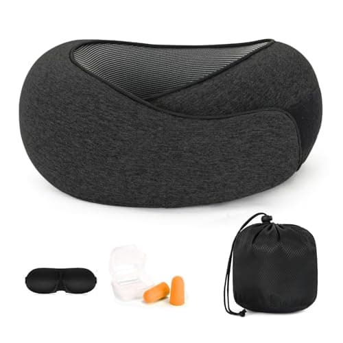 Image of Purecas 360° Memory Foam Travel Pillow for Adults | Adjustable Neck Support for Long Flights, Train & Car Journeys | Includes Carry Case, Eye Mask & Ear Plugs for Complete Travel Comfort(Dark Grey)