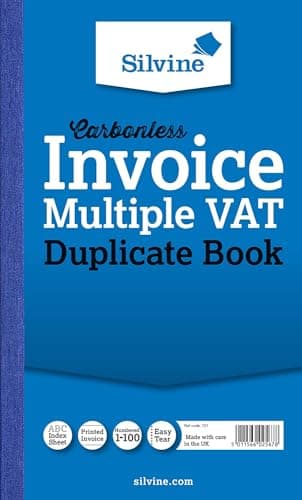 Image of Silvine Carbonless Duplicate Multiple VAT Invoice Book - Numbered 1-100 with index sheet (210 x 127mm) [Pack of 6]