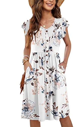 Image of MOLERANI Women Summer Dresses Ruffle Sleeve V Neck Casual Swing Elastic Waist Midi Dress with Pockets Extra Floral White M