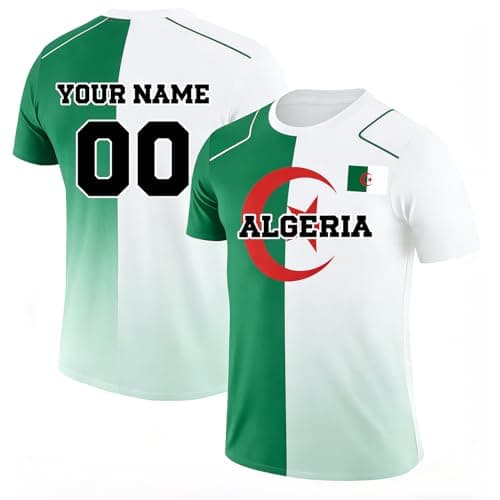 Image of Personalised Football Jersey Men Women Kids Football T Shirt Custom Any Name and Number Football Shirt Breathable Sports Team Uniform Training, One Size (Algeria)