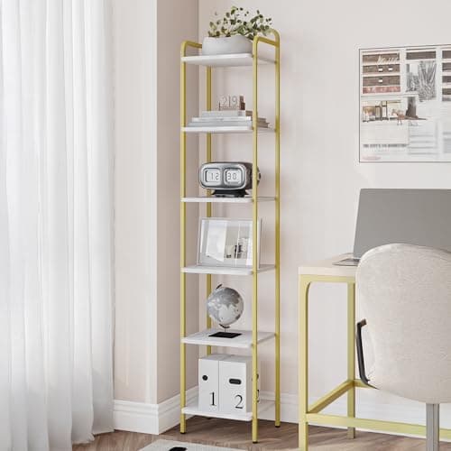 Image of Hzuaneri 6-Tier Bookcase Bookshelf, Narrow Tall Bookcase, Slim Wooden Shelving Unit for Bedroom, Living Room, Home Office, Sturdy, White-Gold, BC24613G