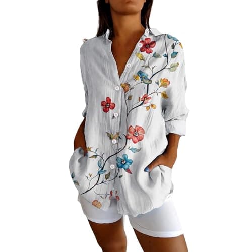 Image of Angxiwan Bardot Tops for Women UK Linen Shirt Women Oversized Long Sleeve Button Down T-Shirts Cardigans Fashion Artistic Print Tunic Tops Summer Casual Loose Warehouse Deals Clearance
