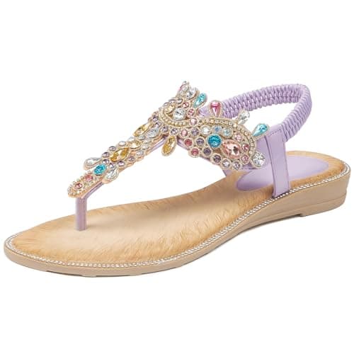 Image of iCKER Women's Flat Sandals Ladies Thong Flat Sandals Bohemian Beaded Strap Sandals Diamante Rhinestone Leather Sandals