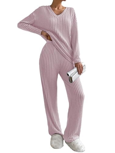 Image of Famulily Ribbed Loose 2 Piece Outfits Women V Neck Jumpers and Wide Leg Pants, Ladies Tracksuits Knitted Soft Lounge Wear Pjs Sets Leisure Suits (M, Pink)
