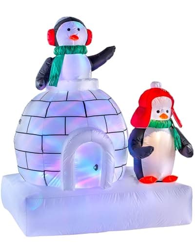 Image of WeRChristmas Inflatable Christmas Penguin Family and Igloo Colour Changing Light Decoration, White, 5 ft, WRC-9553