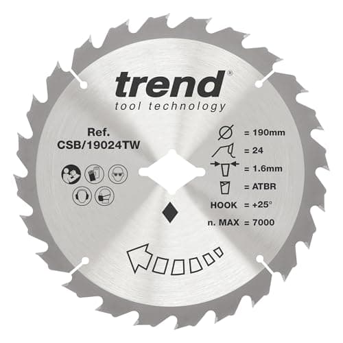 Image of Trend Wood Cordless ATBR Circular Saw Blade, 190mm Diameter, Diamond Bore, 24 Teeth, 1.6mm Kerf, +25° Hook, TCT, Medium Finish, CSB/19024TW